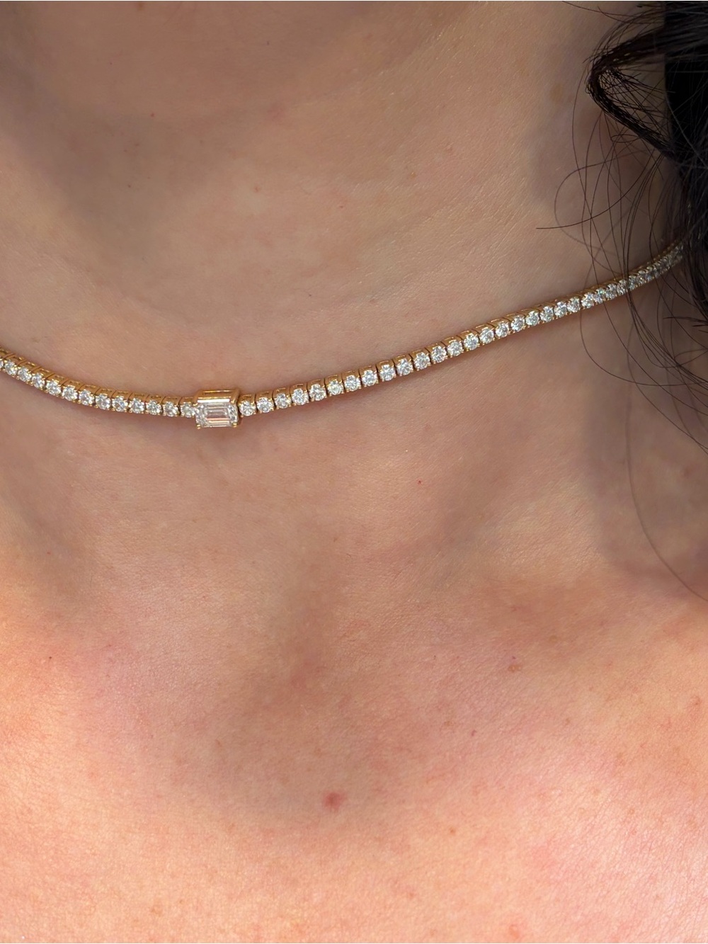 Gold Tennis Choker Necklace with Center Baguette Stone